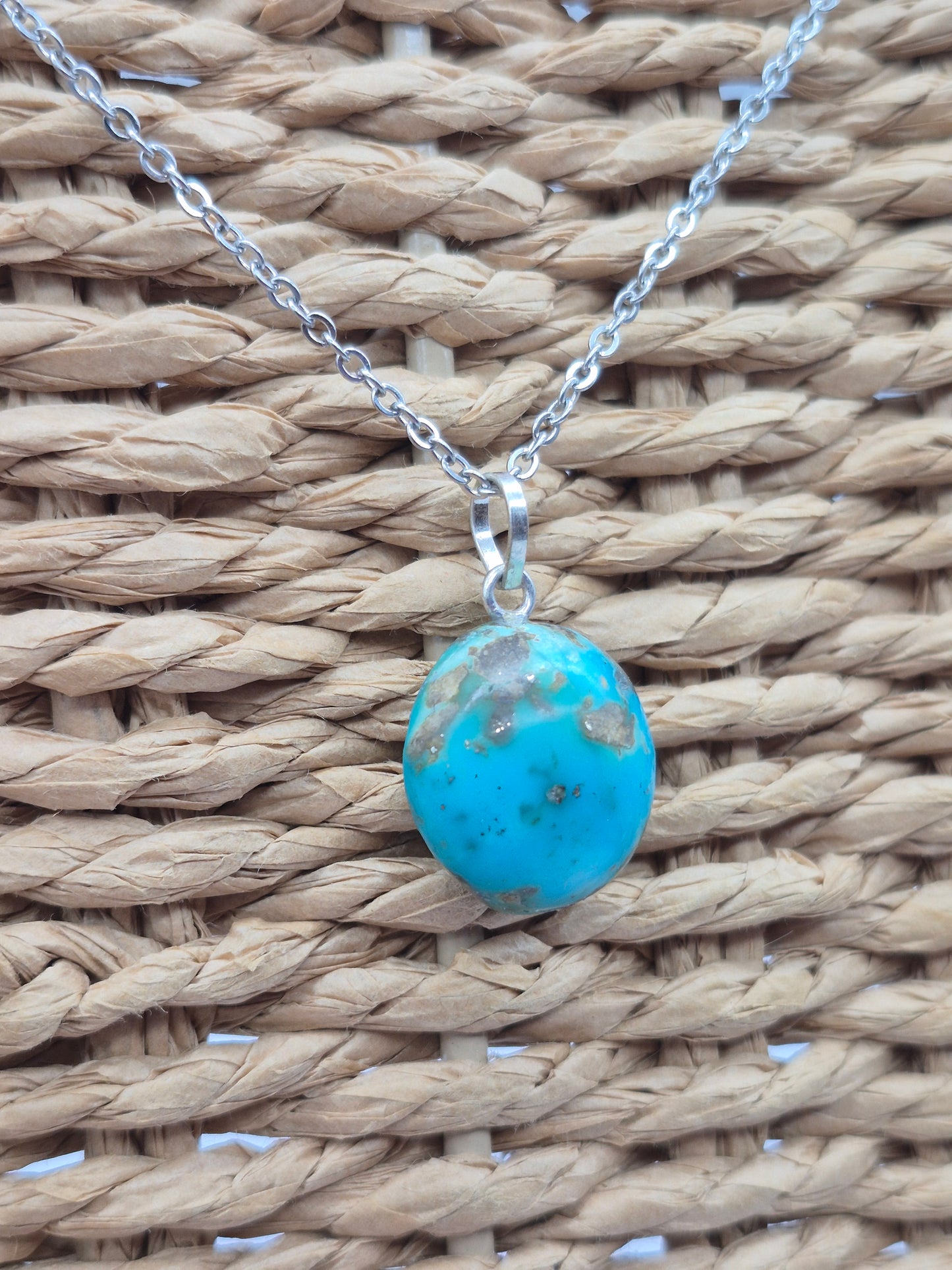 Authentic Natural Turquoise Oval Pendant: Stailnless steel Chain, Healing Crystal