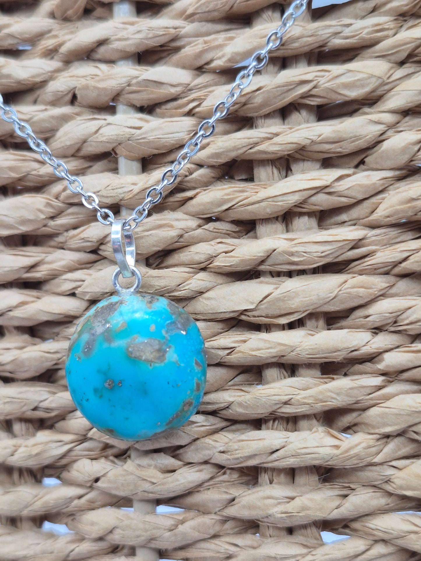 Authentic Natural Turquoise Oval Pendant: Stailnless steel Chain, Healing Crystal