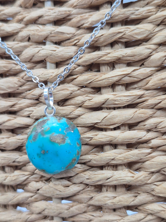 Authentic Natural Turquoise Oval Pendant: Stailnless steel Chain, Healing Crystal