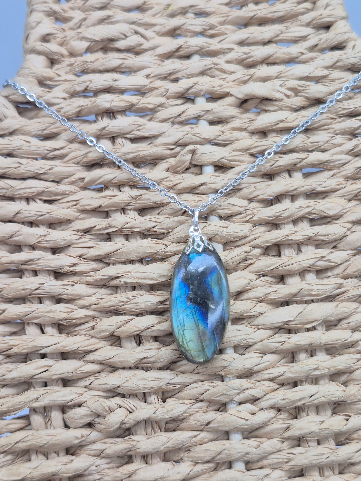 Labradorite Pendant Silver Hoop, Stailness steel Chain, Healing Crystal