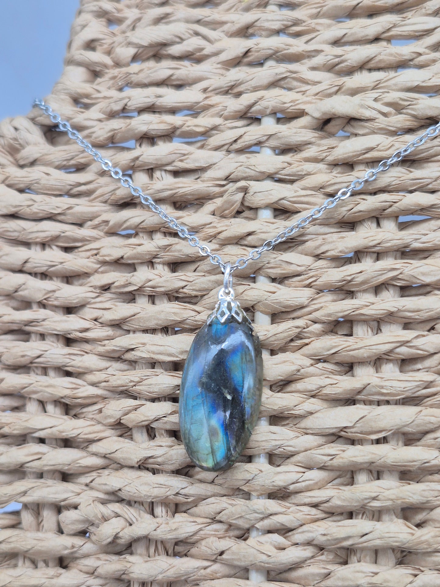 Labradorite Pendant Silver Hoop, Stailness steel Chain, Healing Crystal
