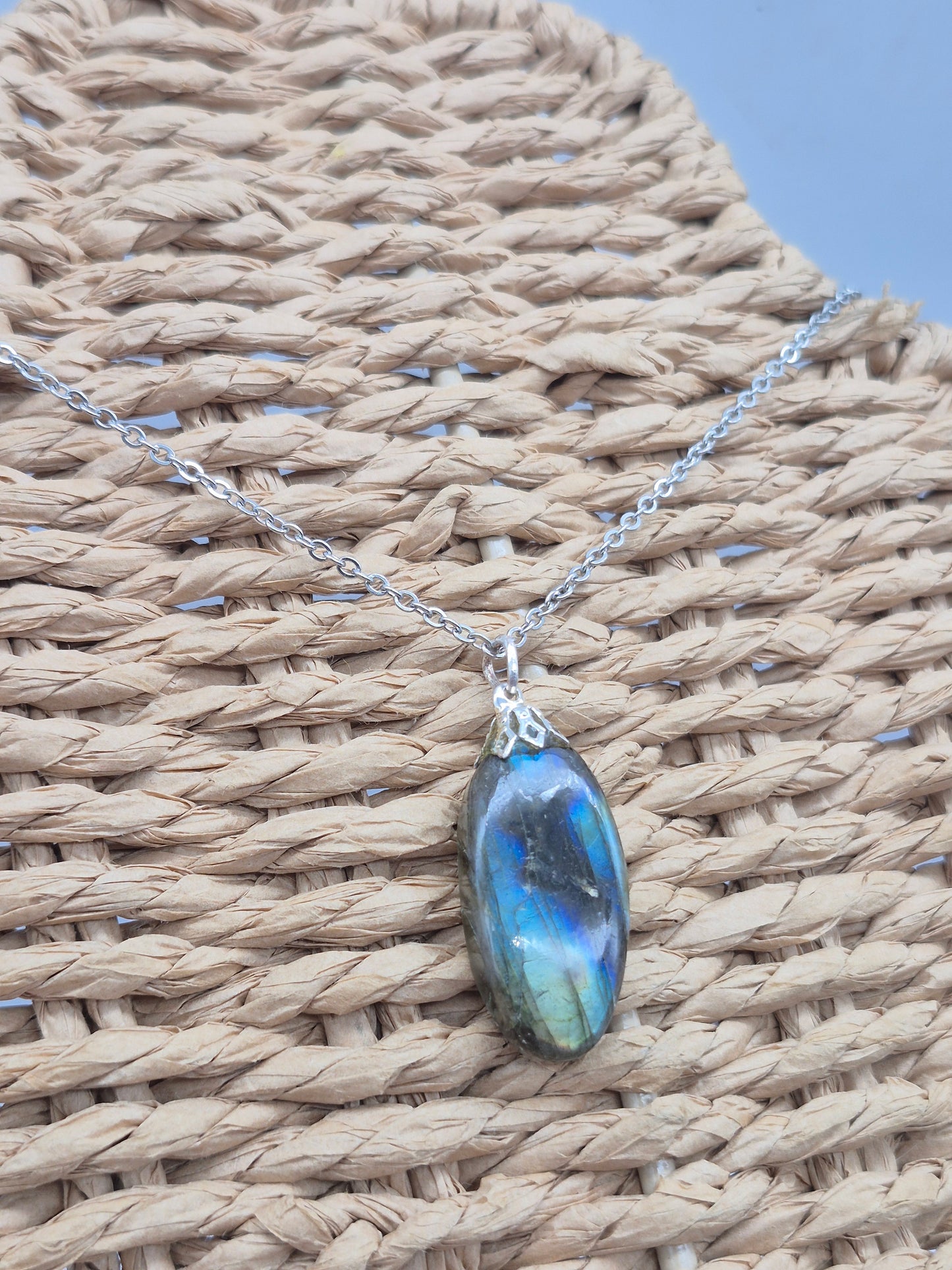 Labradorite Pendant Silver Hoop, Stailness steel Chain, Healing Crystal