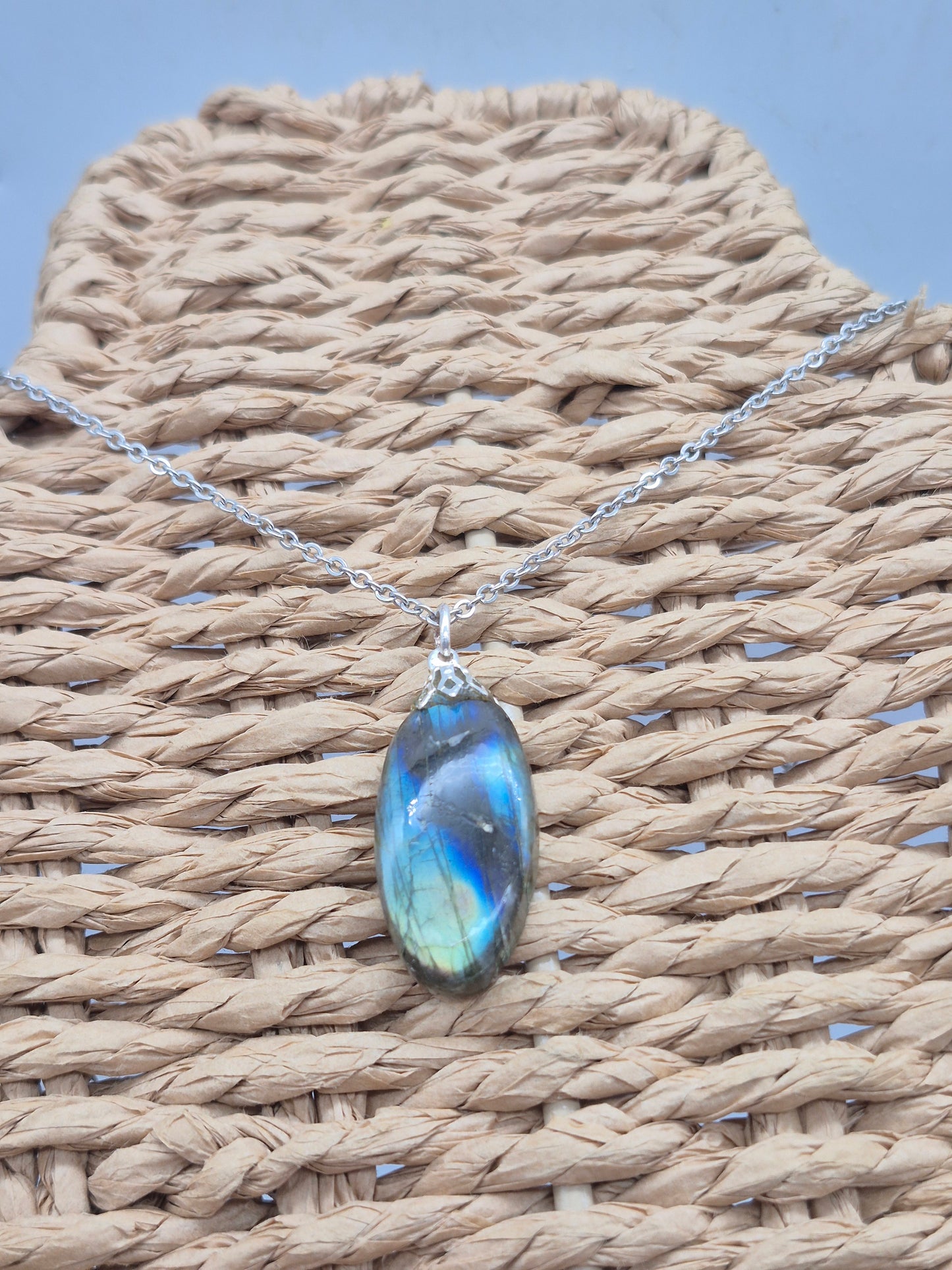 Labradorite Pendant Silver Hoop, Stailness steel Chain, Healing Crystal