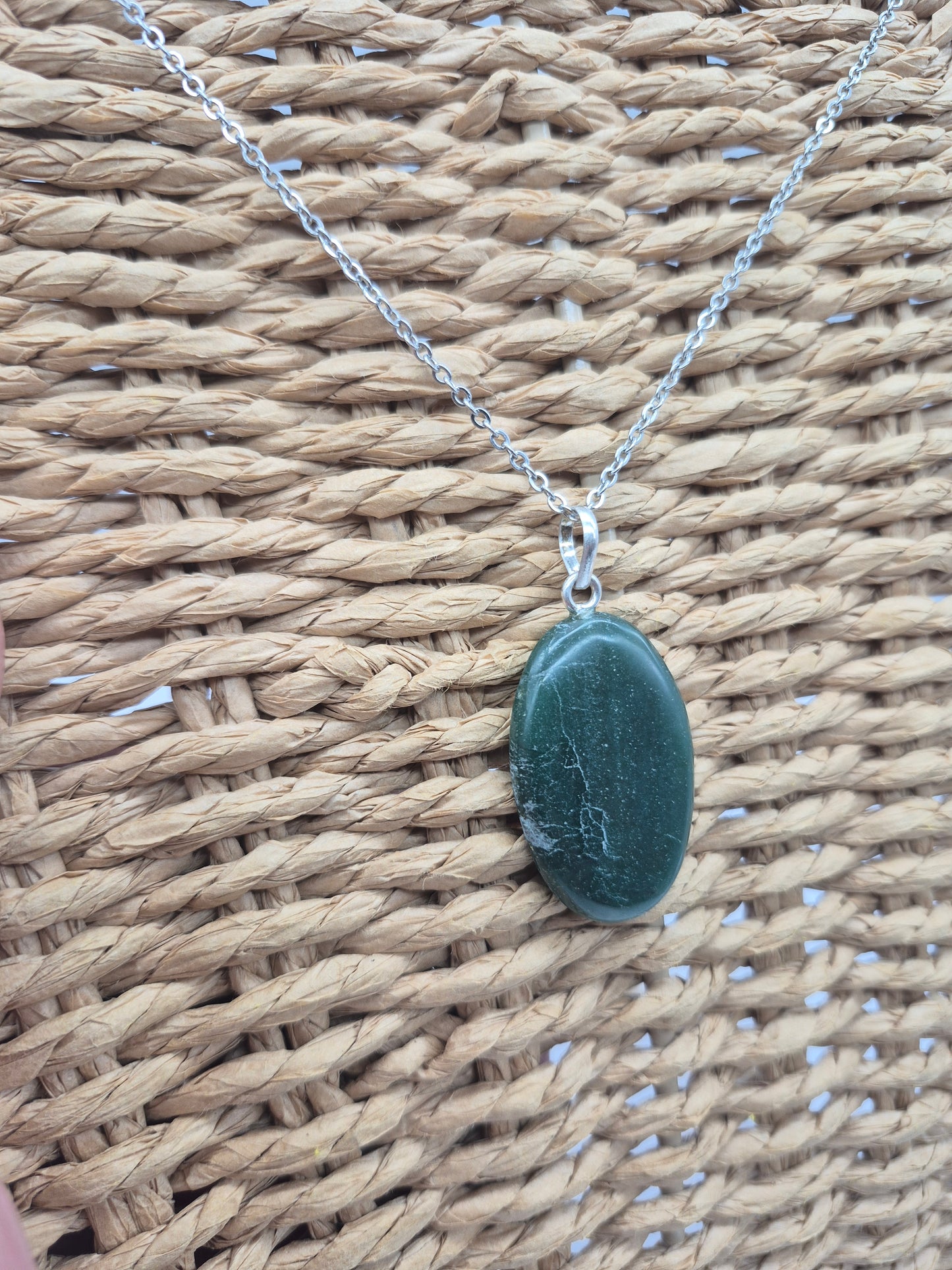 Green Aventurine Necklace – Crystal Pendant with Stainless Steel Chain, Silver Hoop