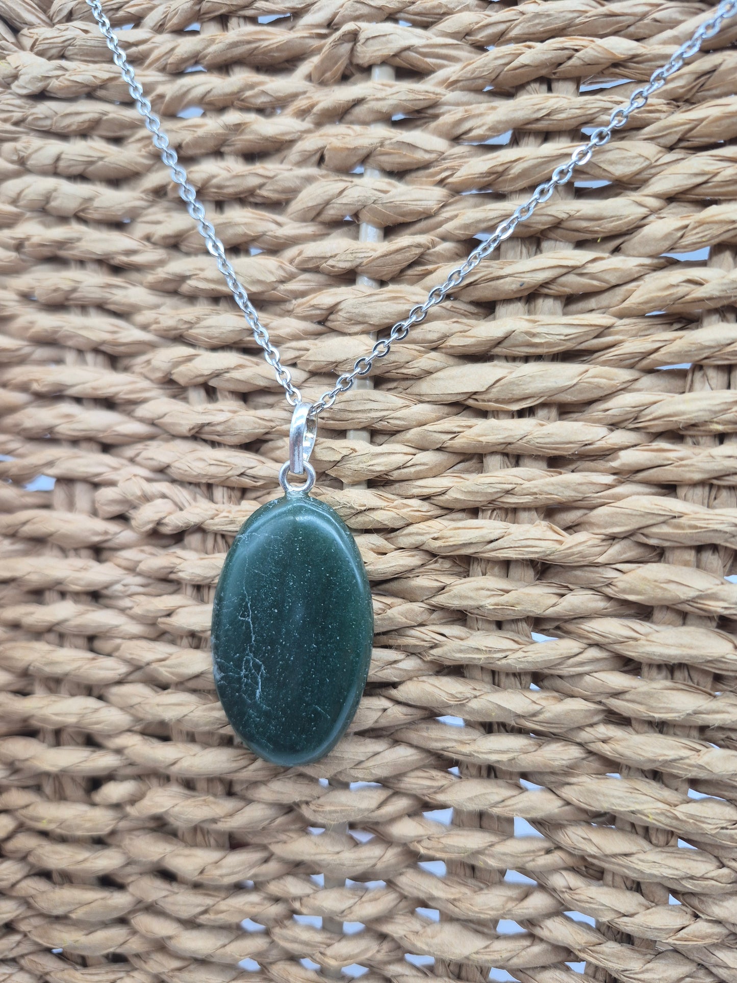 Green Aventurine Necklace – Crystal Pendant with Stainless Steel Chain, Silver Hoop