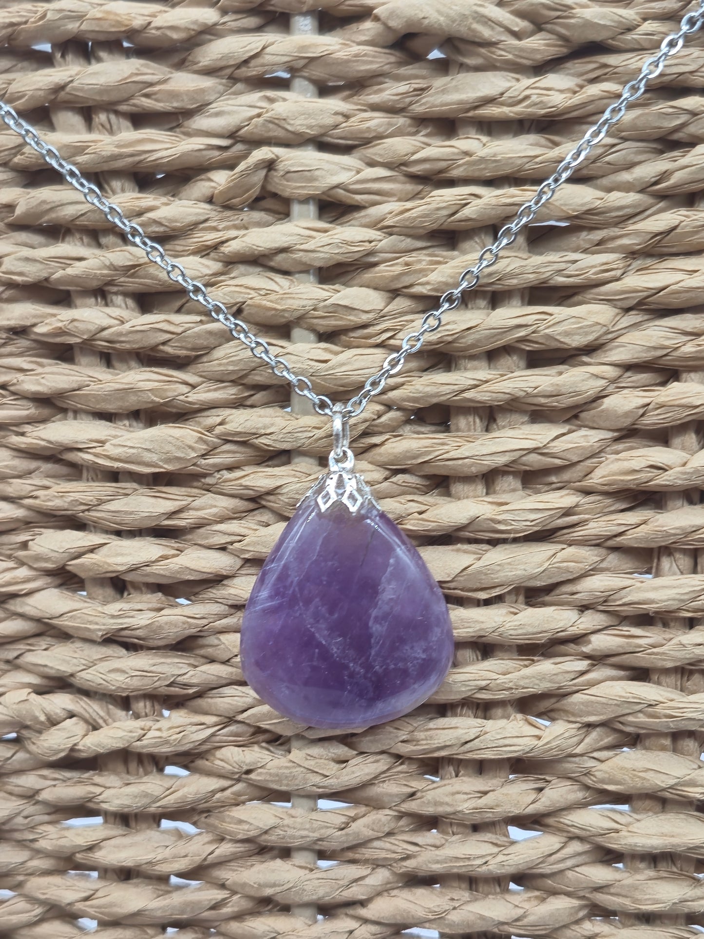 Amethyst Pendant Silver Hoop, Stailnless steel Chain, Healing Crystal