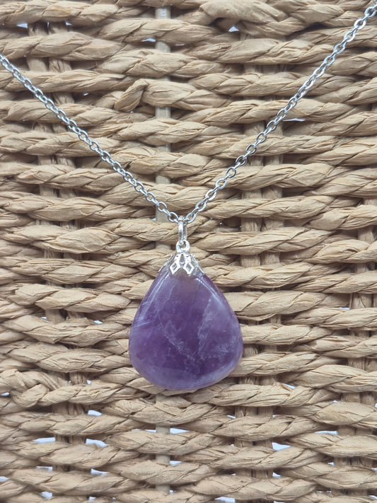 Amethyst Pendant Silver Hoop, Stailnless steel Chain, Healing Crystal