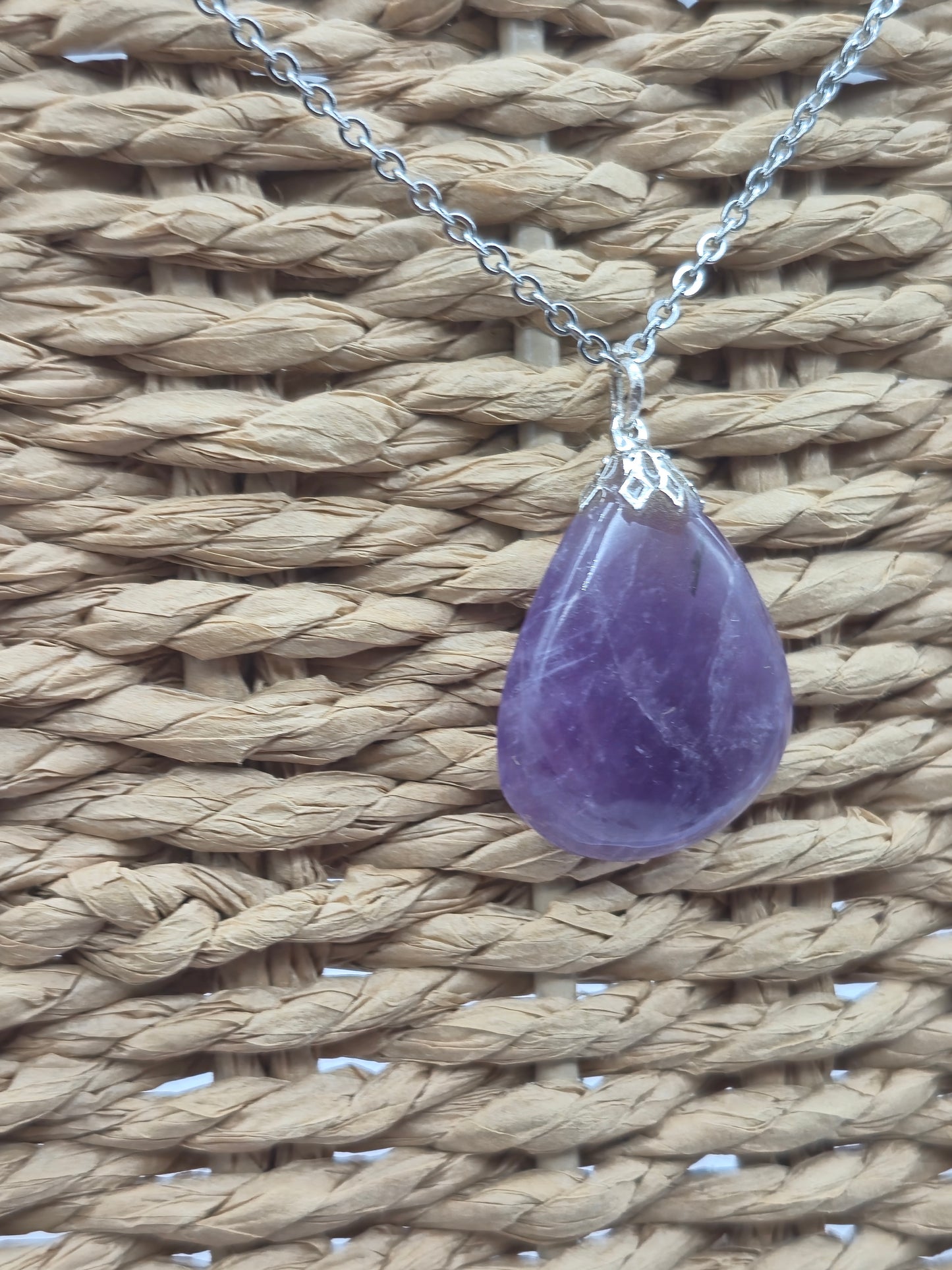 Amethyst Pendant Silver Hoop, Stailnless steel Chain, Healing Crystal