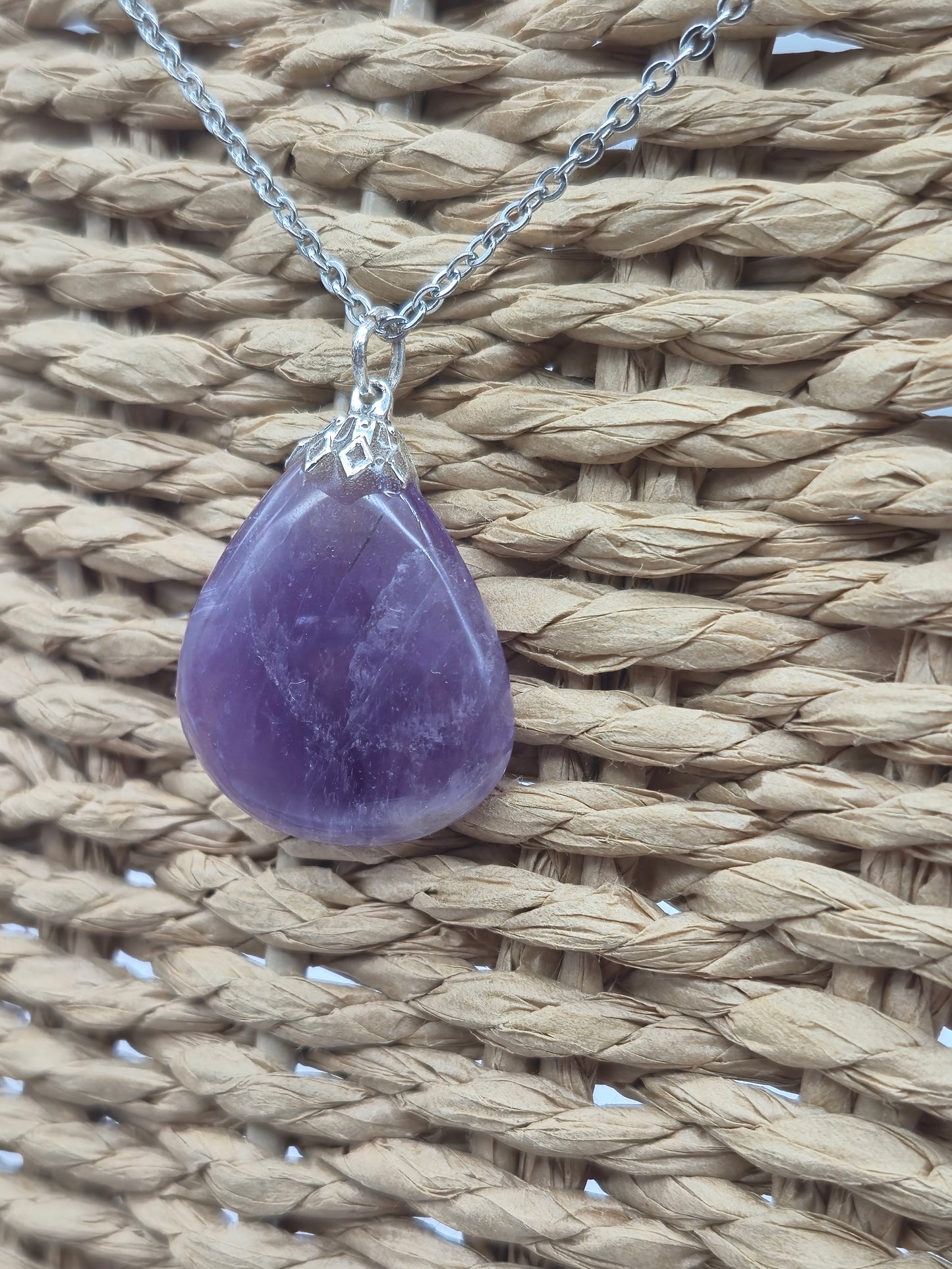 Amethyst Pendant Silver Hoop, Stailnless steel Chain, Healing Crystal