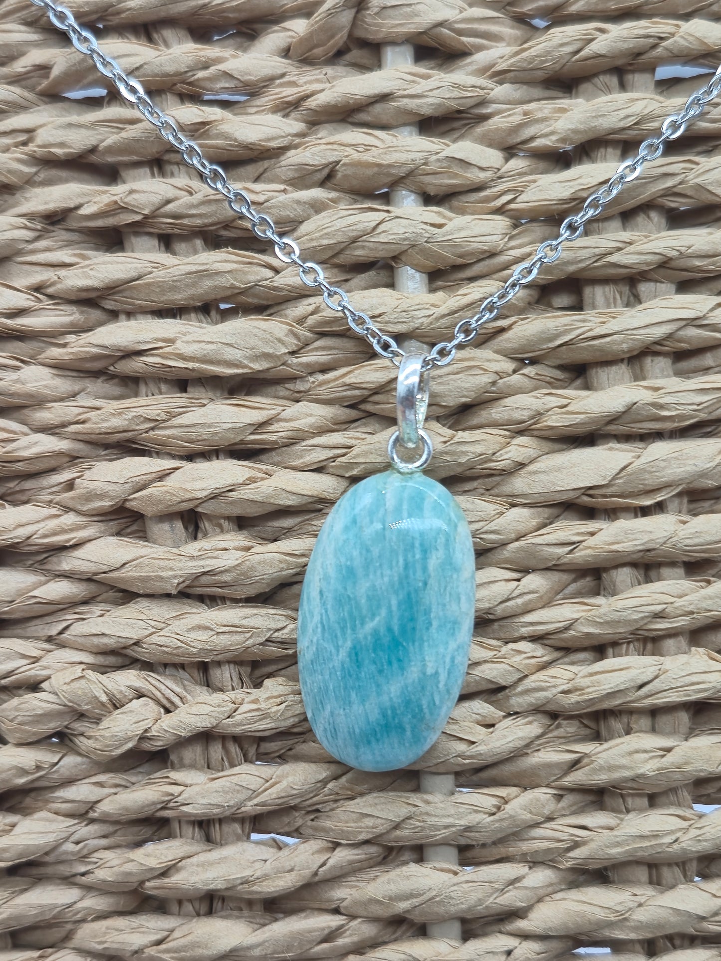 Amazonite Crystal Necklace: Minimalist Gemstone Chain pendant with Silver Hoop and Steel Chain