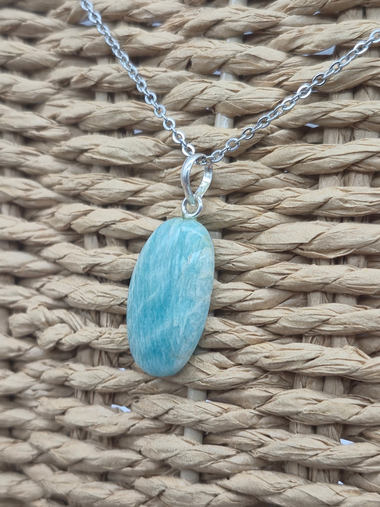 Amazonite Crystal Necklace: Minimalist Gemstone Chain pendant with Silver Hoop and Steel Chain