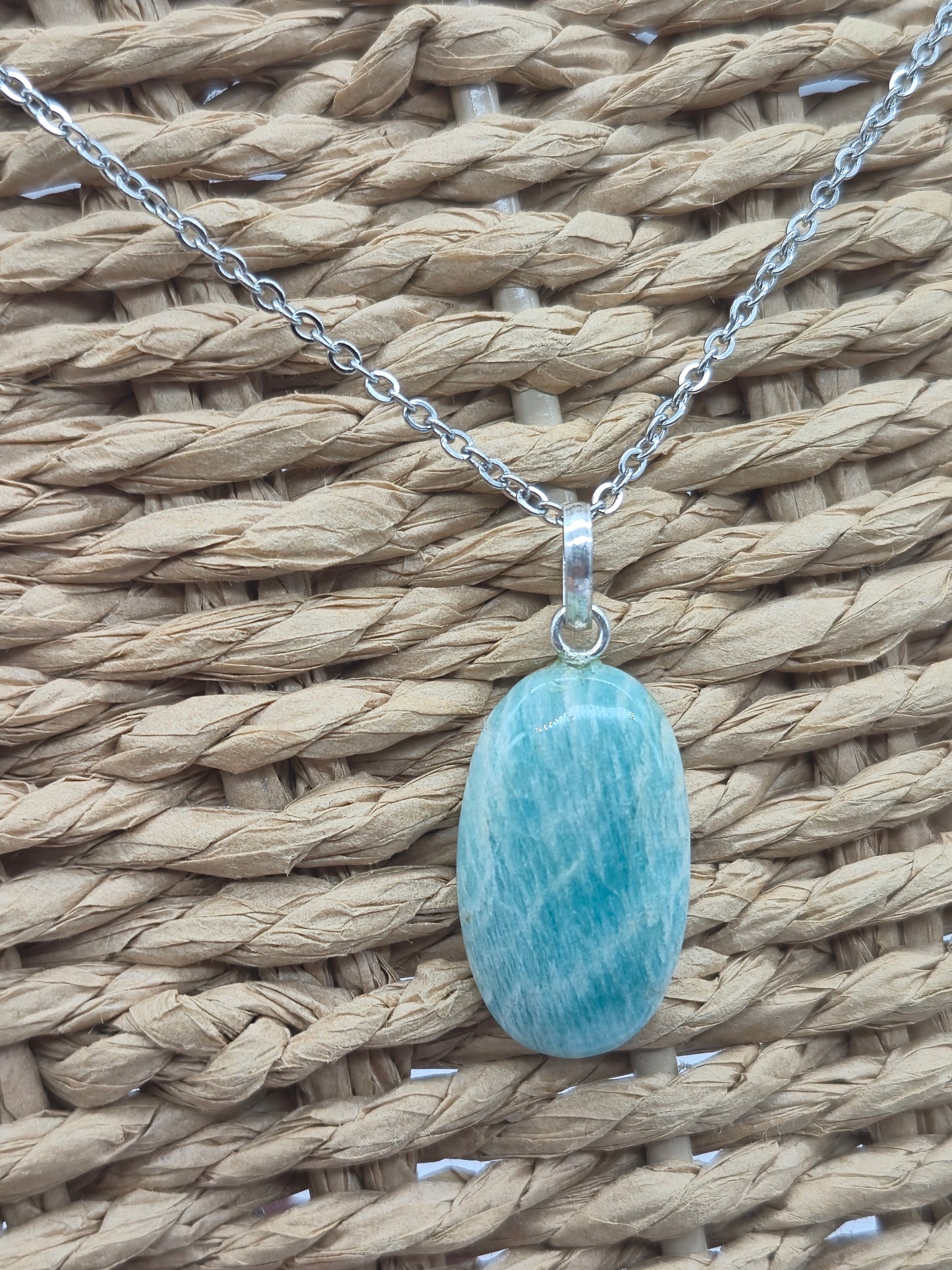Amazonite Crystal Necklace: Minimalist Gemstone Chain pendant with Silver Hoop and Steel Chain