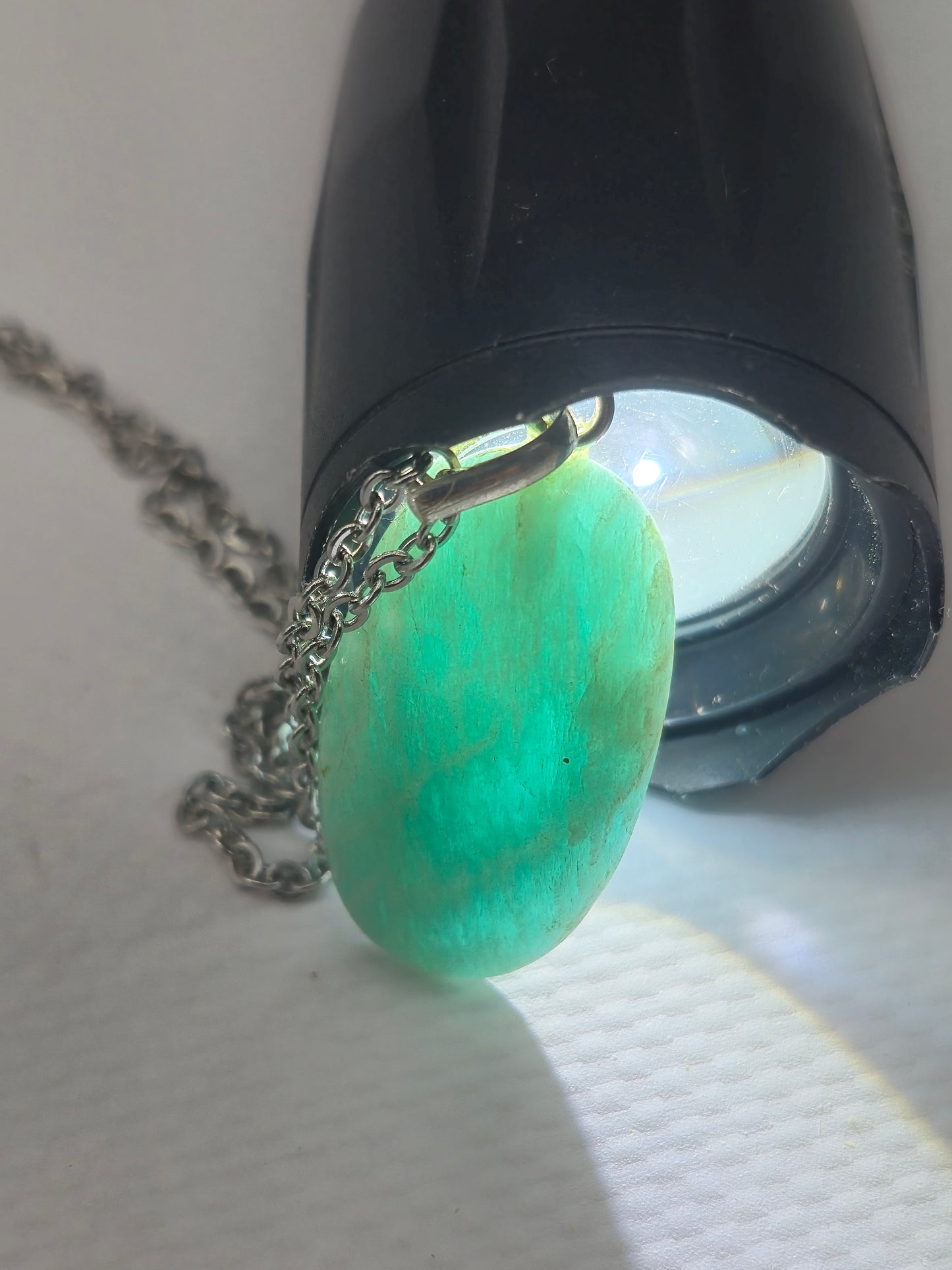 Amazonite Crystal Necklace: Minimalist Gemstone Chain pendant with Silver Hoop and Steel Chain