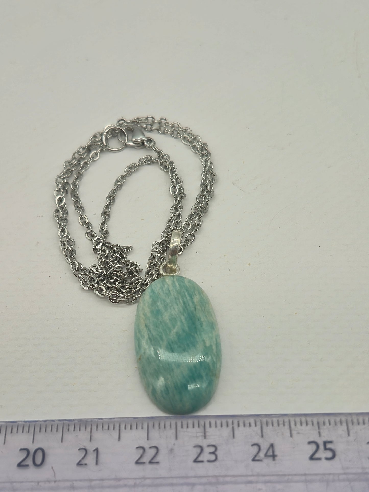 Amazonite Crystal Necklace: Minimalist Gemstone Chain pendant with Silver Hoop and Steel Chain