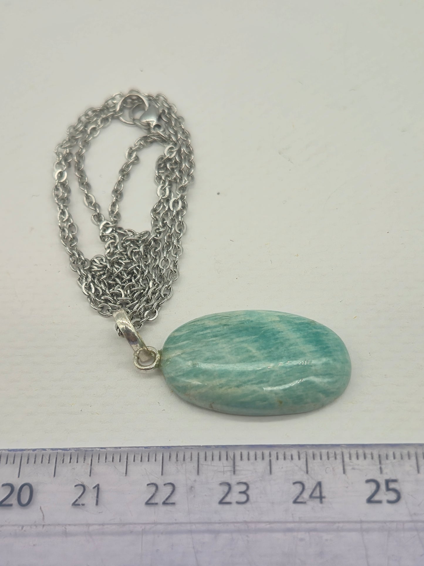 Amazonite Crystal Necklace: Minimalist Gemstone Chain pendant with Silver Hoop and Steel Chain