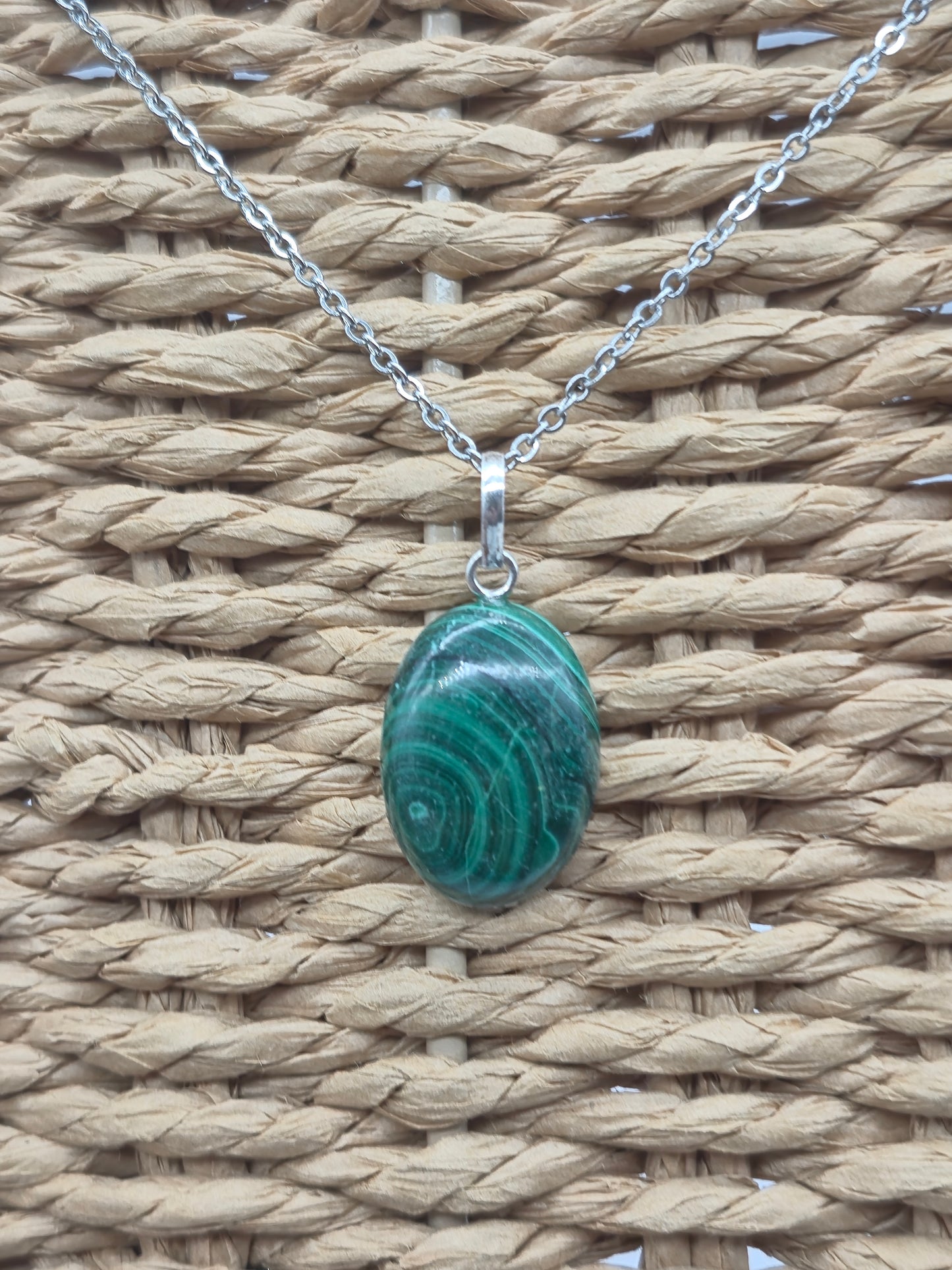 Handmade Malachite Oval Pendant: Stailnless steel Chain, Healing Crystal