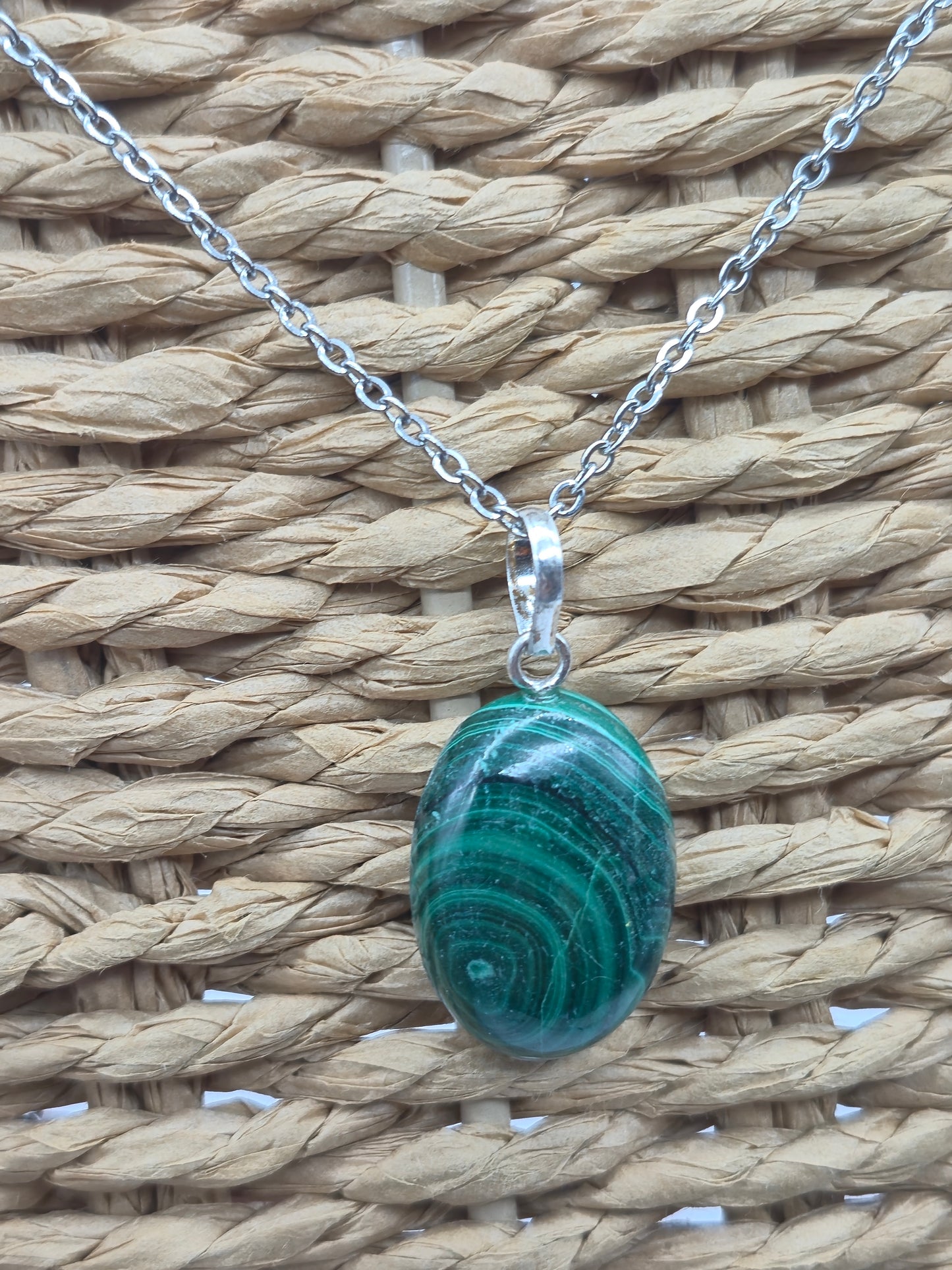 Handmade Malachite Oval Pendant: Stailnless steel Chain, Healing Crystal