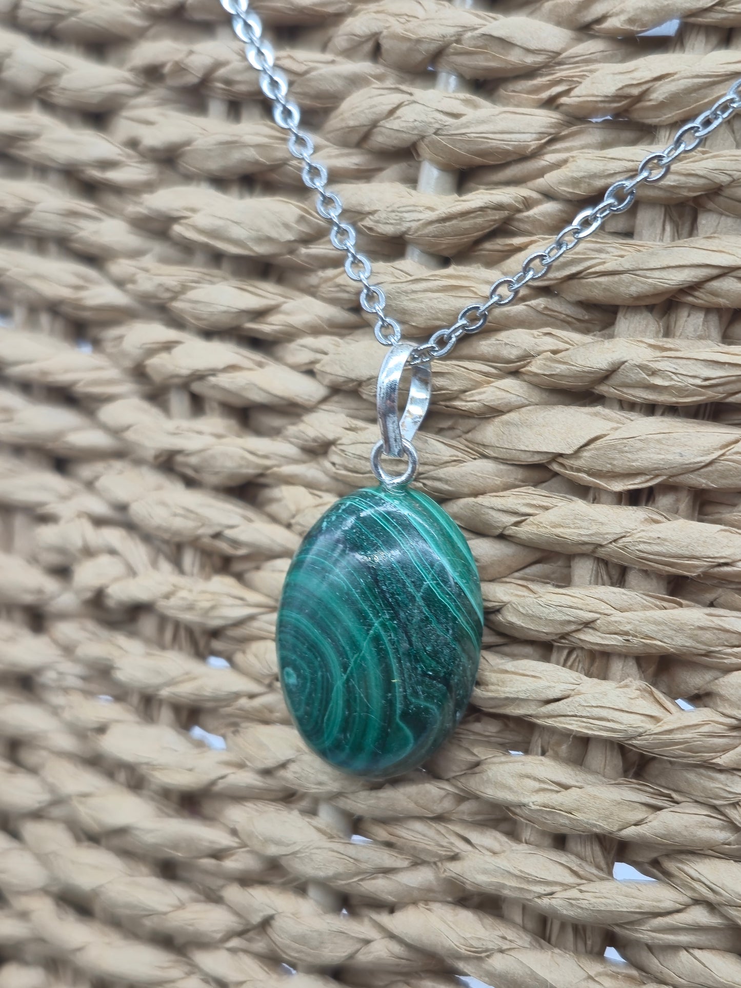 Handmade Malachite Oval Pendant: Stailnless steel Chain, Healing Crystal