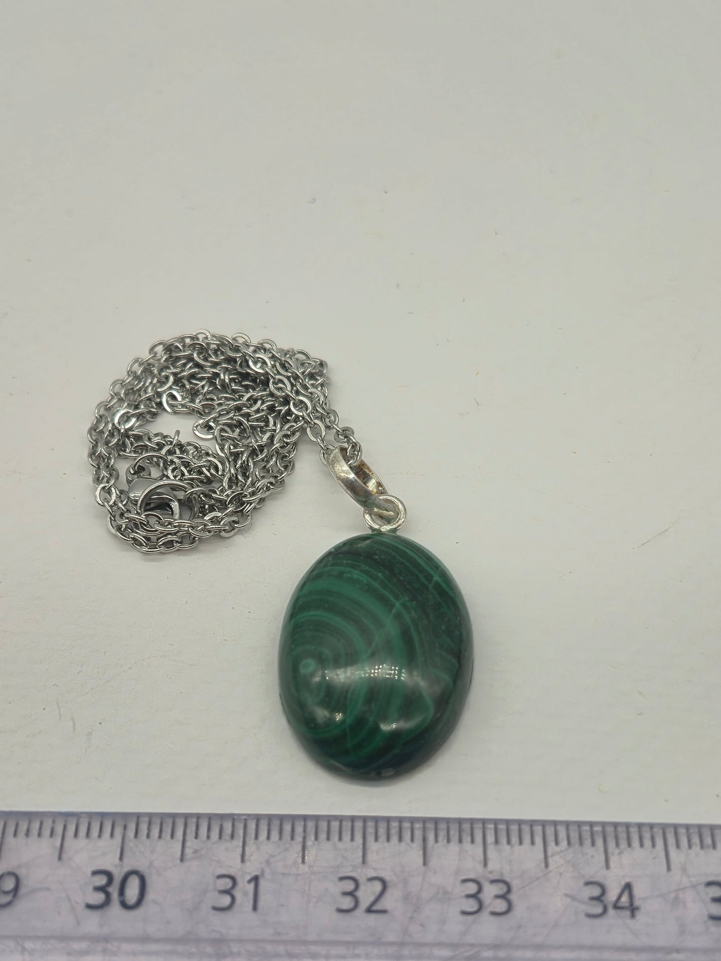 Handmade Malachite Oval Pendant: Stailnless steel Chain, Healing Crystal