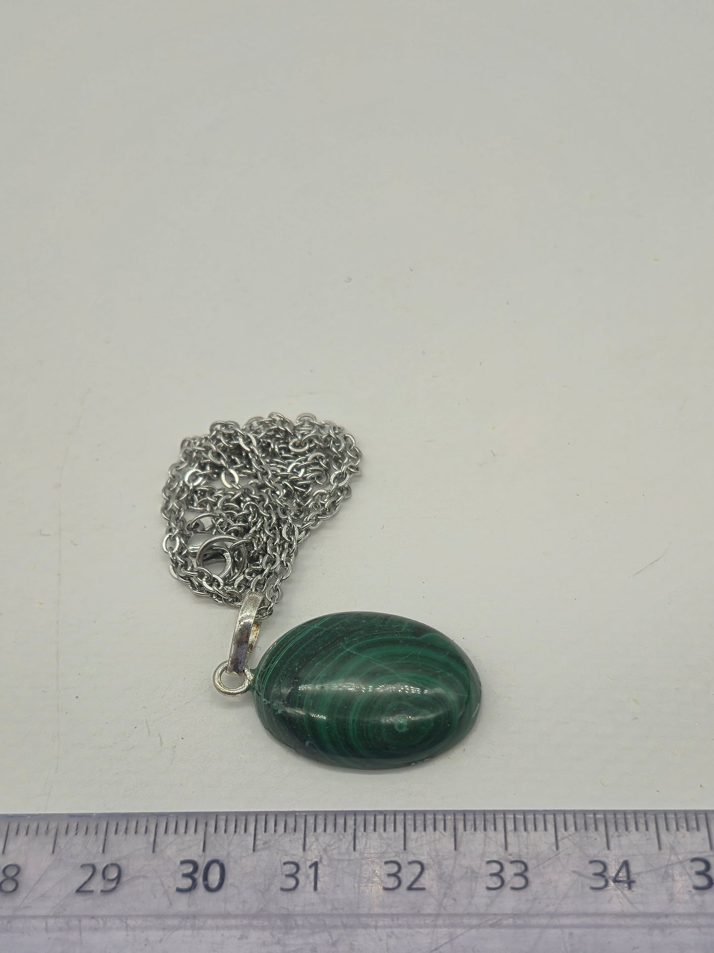 Handmade Malachite Oval Pendant: Stailnless steel Chain, Healing Crystal