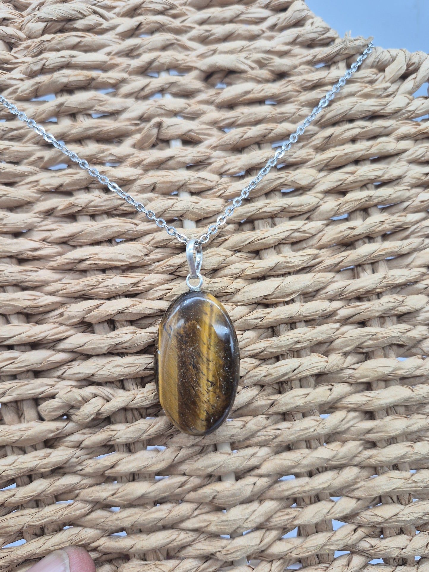 Handmade Yellow Tiger's Eye Oval Pendant: Stailnless steel Chain, Silver Hoop, Healing Crystal