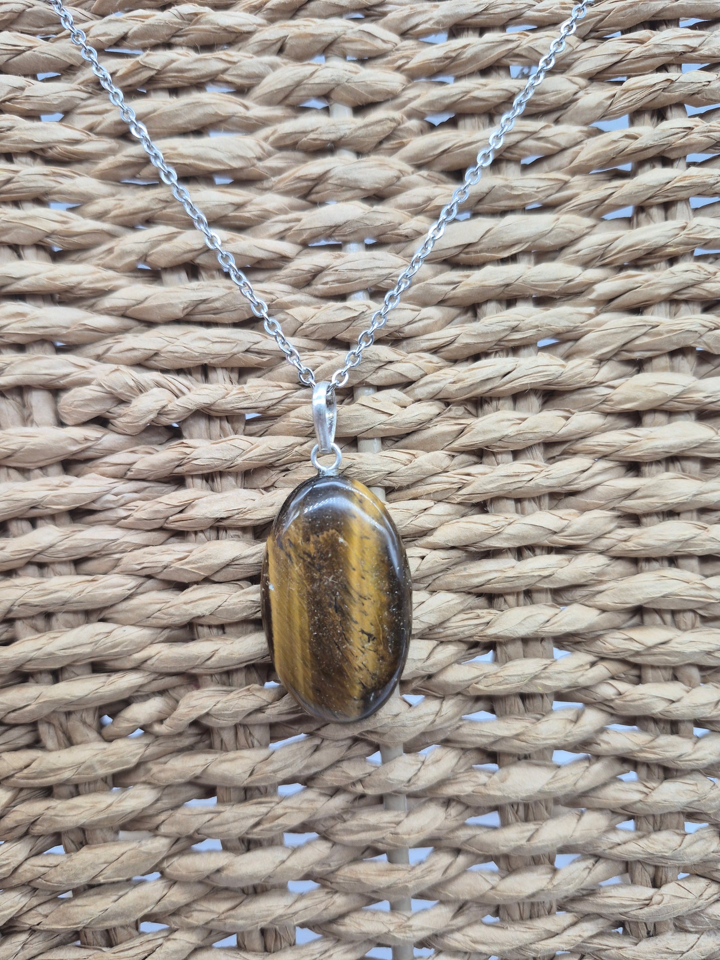 Handmade Yellow Tiger's Eye Oval Pendant: Stailnless steel Chain, Silver Hoop, Healing Crystal