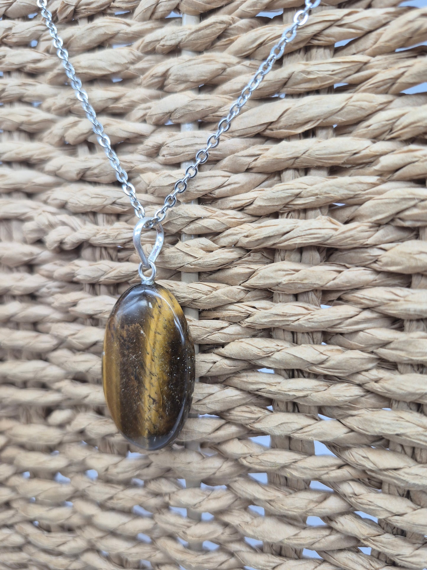 Handmade Yellow Tiger's Eye Oval Pendant: Stailnless steel Chain, Silver Hoop, Healing Crystal