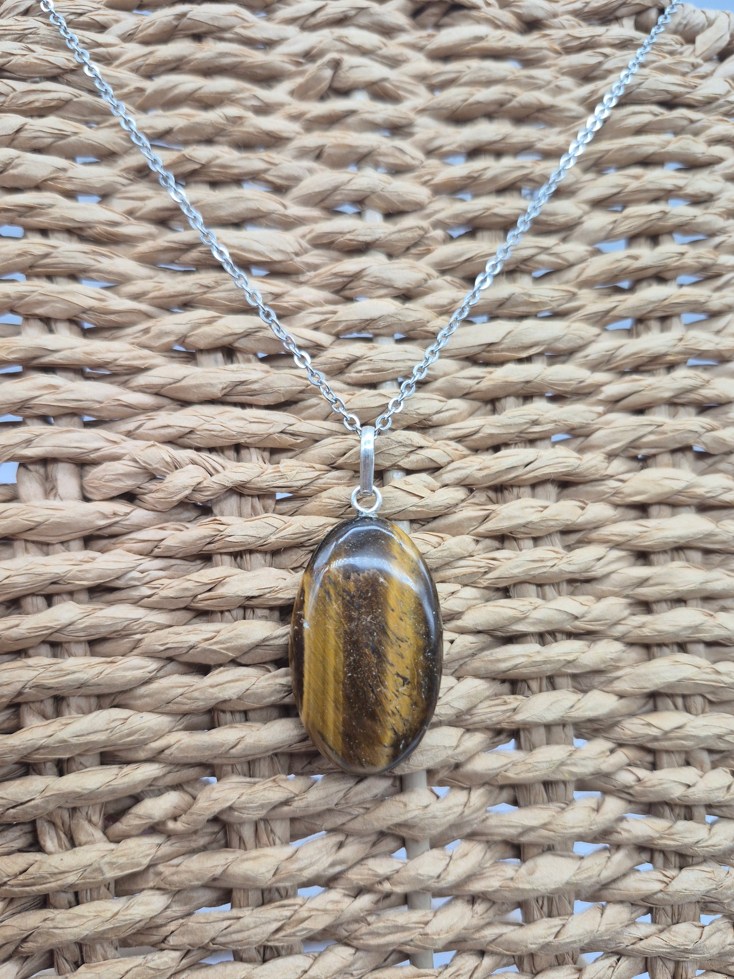 Handmade Yellow Tiger's Eye Oval Pendant: Stailnless steel Chain, Silver Hoop, Healing Crystal