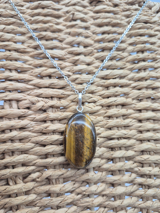 Handmade Yellow Tiger's Eye Oval Pendant: Stailnless steel Chain, Silver Hoop, Healing Crystal