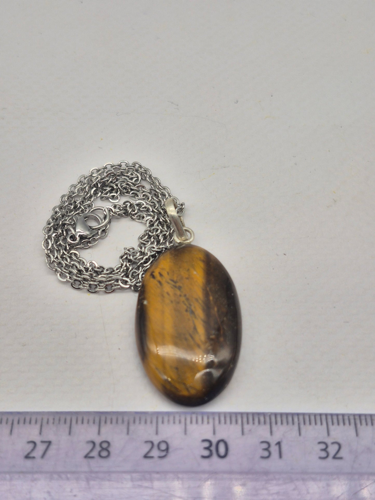 Handmade Yellow Tiger's Eye Oval Pendant: Stailnless steel Chain, Silver Hoop, Healing Crystal