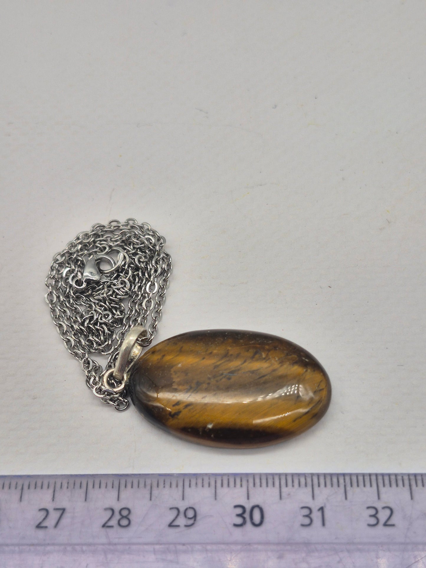 Handmade Yellow Tiger's Eye Oval Pendant: Stailnless steel Chain, Silver Hoop, Healing Crystal