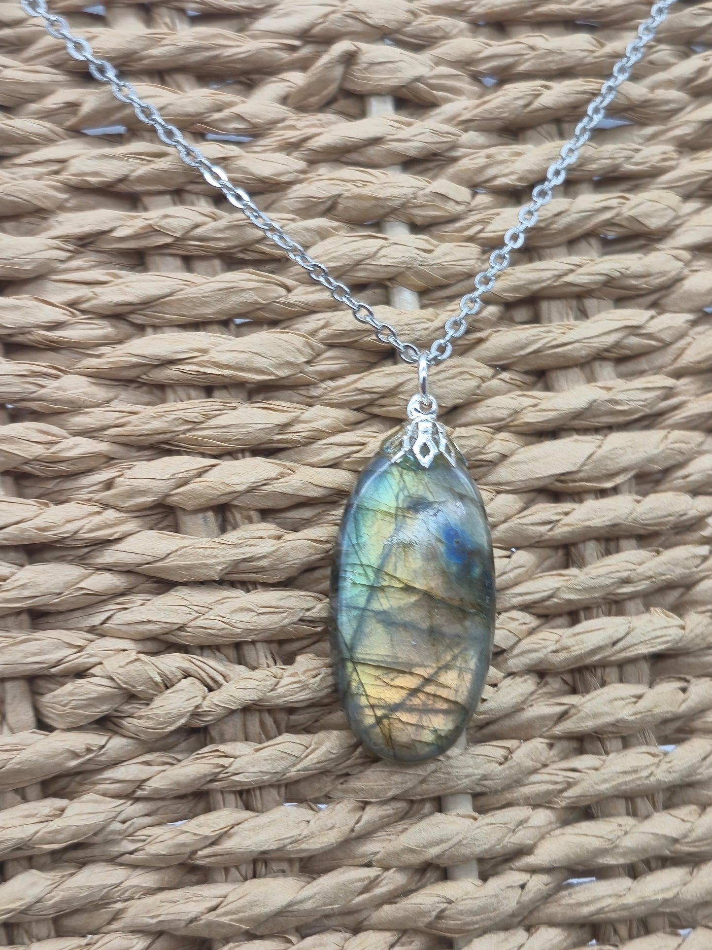 Labradorite Pendant Silver Hoop, Stailness steel Chain, Healing Crystal