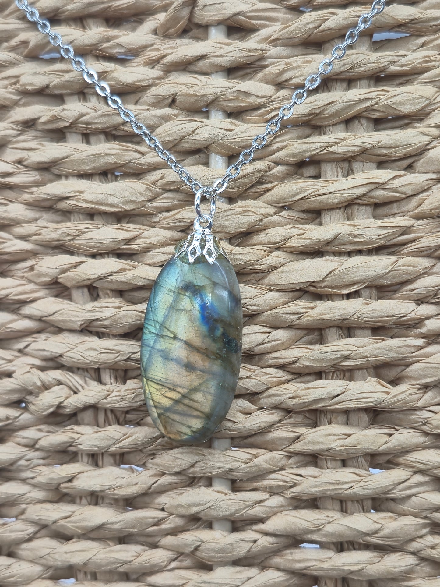 Labradorite Pendant Silver Hoop, Stailness steel Chain, Healing Crystal