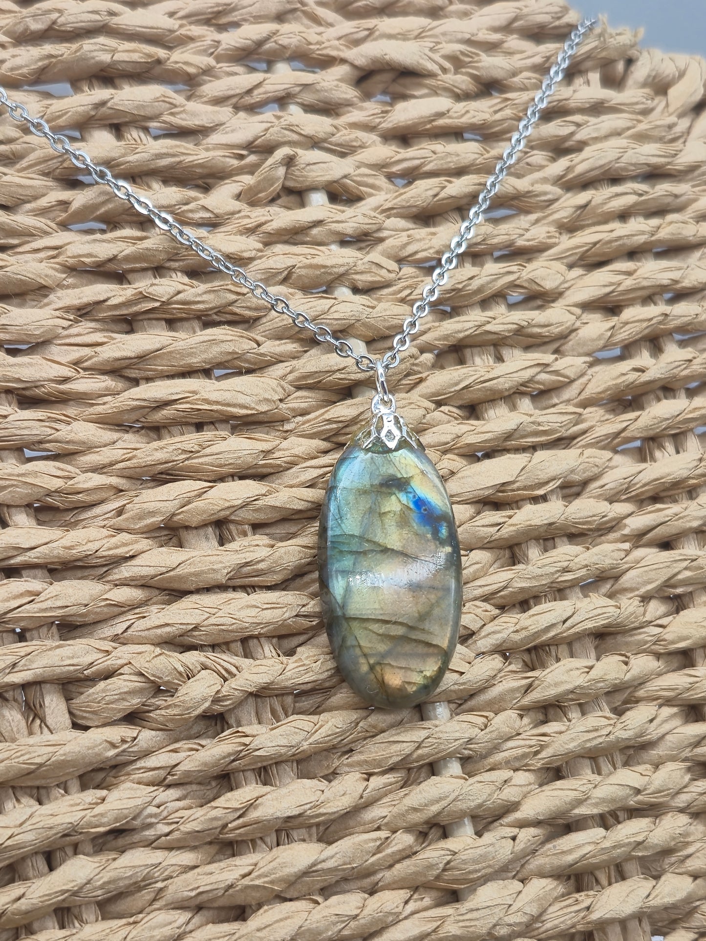 Labradorite Pendant Silver Hoop, Stailness steel Chain, Healing Crystal