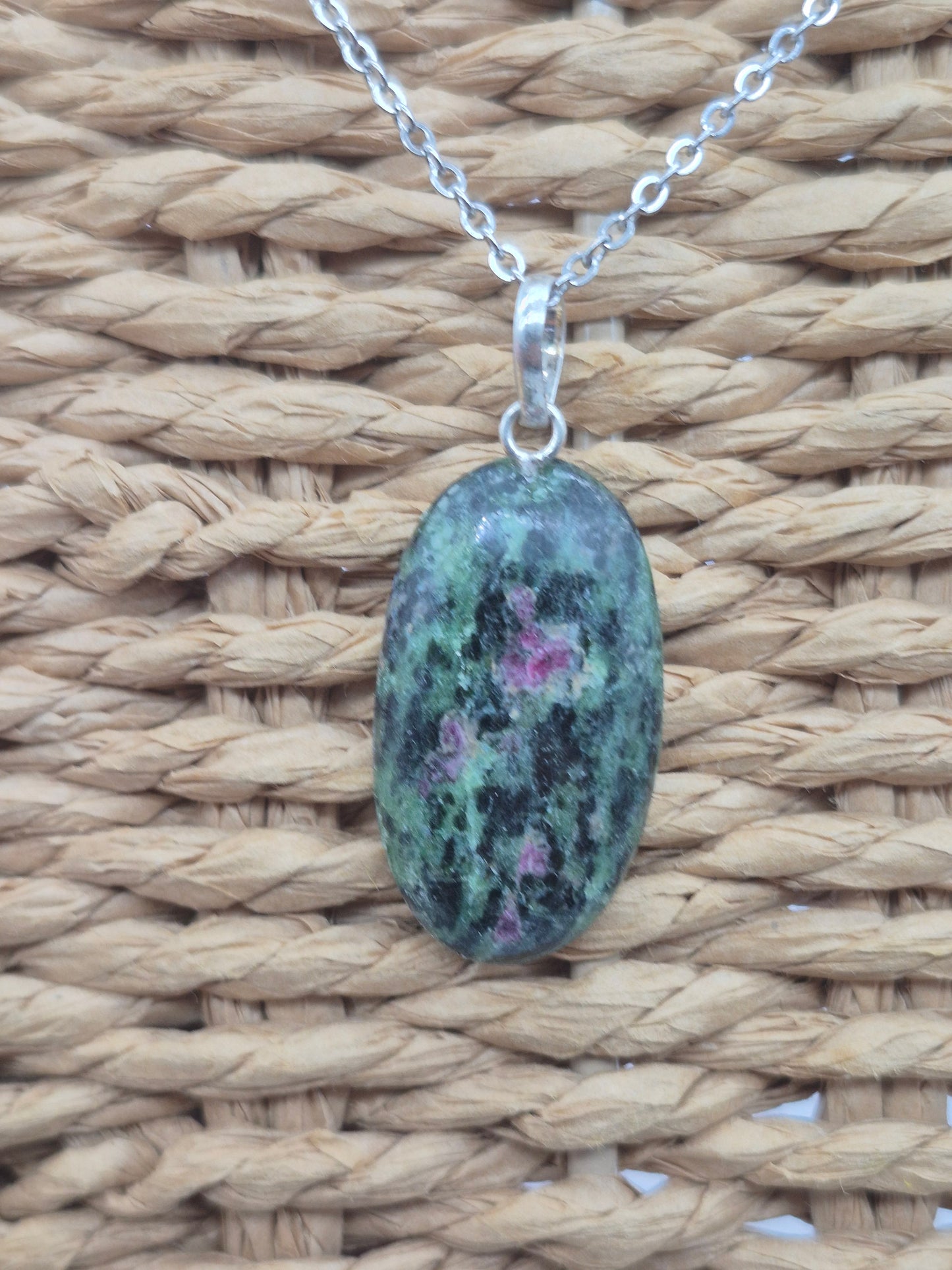 Ruby Zoisite Pendant Oval Shaped Silver Hoop, Stailnless steel Chain, Healing Crystal