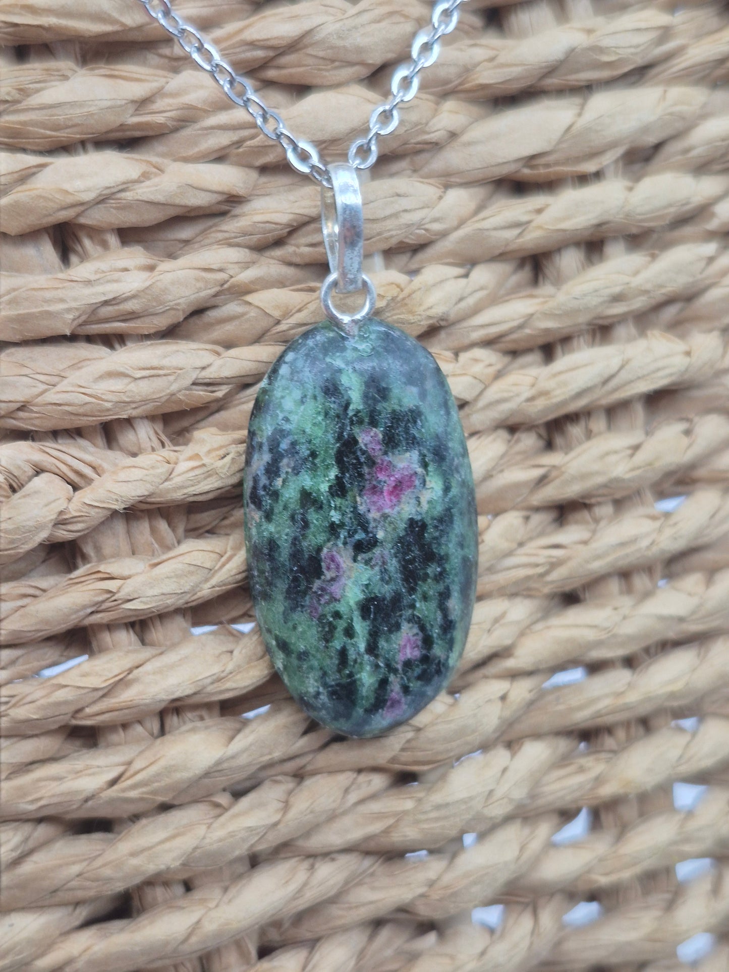 Ruby Zoisite Pendant Oval Shaped Silver Hoop, Stailnless steel Chain, Healing Crystal