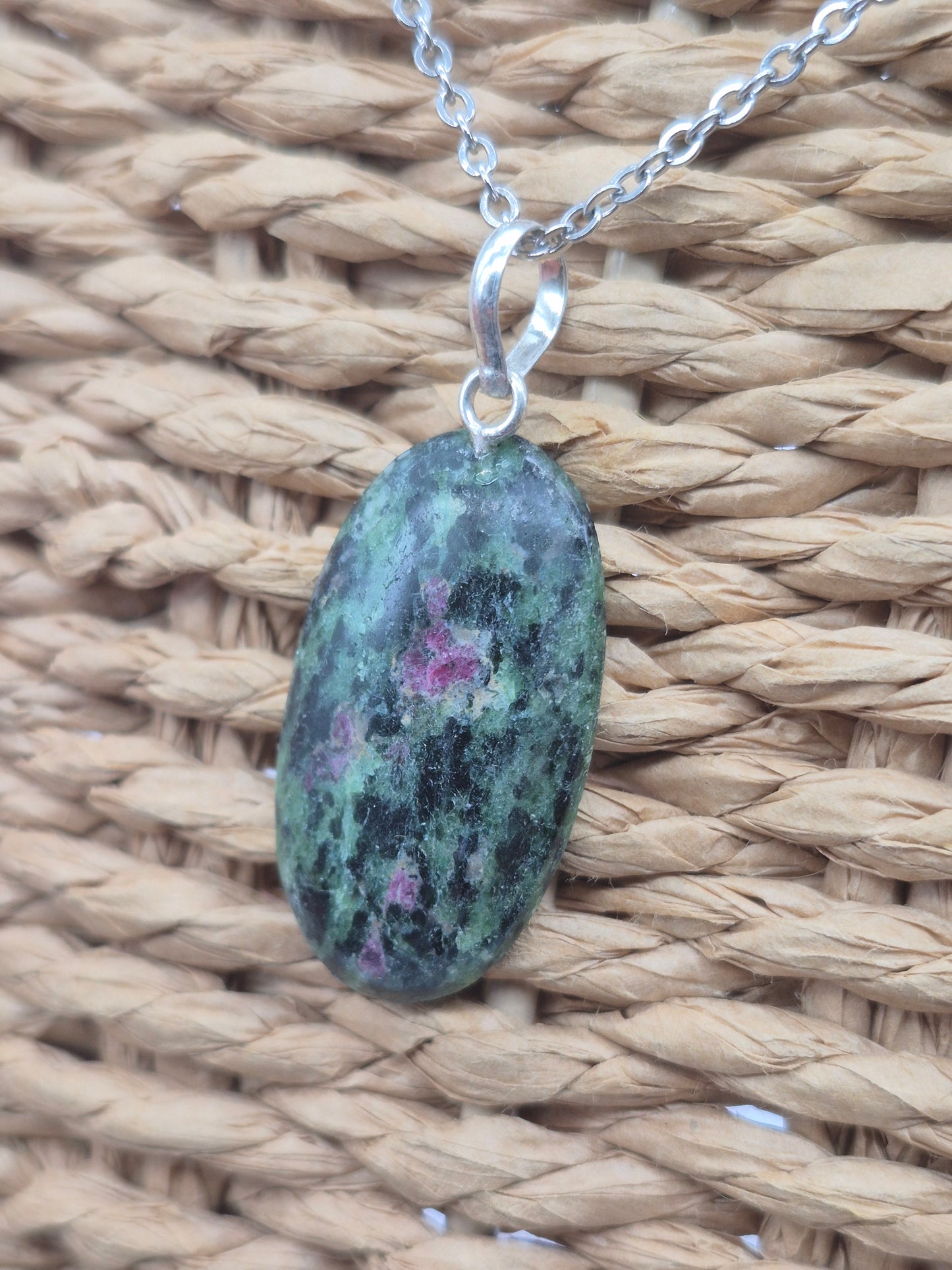Ruby Zoisite Pendant Oval Shaped Silver Hoop, Stailnless steel Chain, Healing Crystal