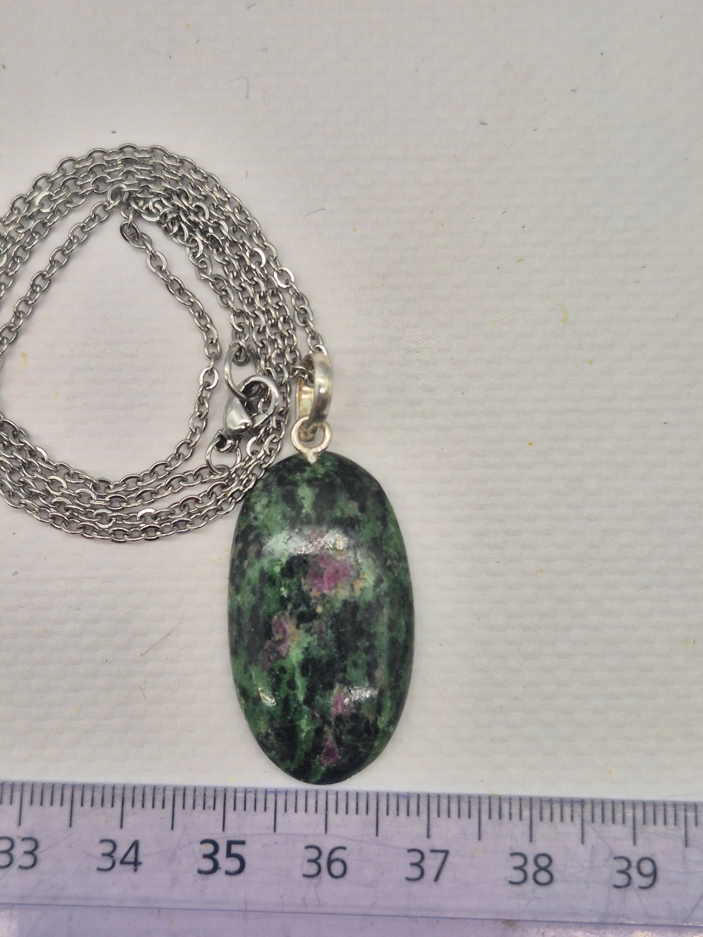 Ruby Zoisite Pendant Oval Shaped Silver Hoop, Stailnless steel Chain, Healing Crystal