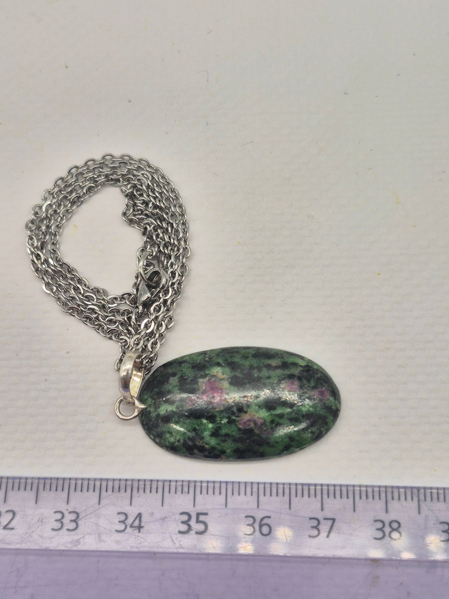 Ruby Zoisite Pendant Oval Shaped Silver Hoop, Stailnless steel Chain, Healing Crystal