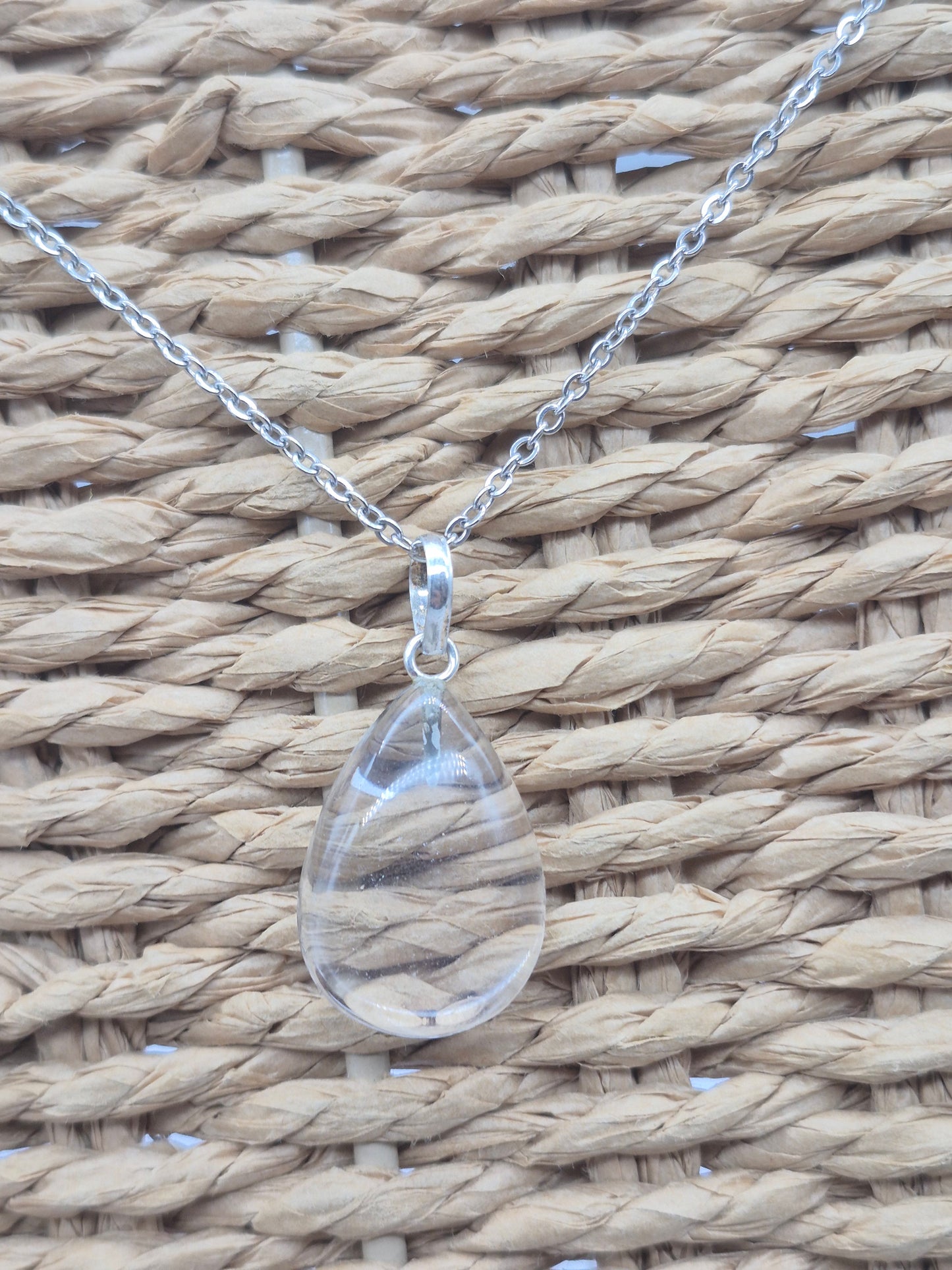 Clear Quartz Necklace Square Shaped Silver Hoop, Stailnless steel Chain, Healing Crystal