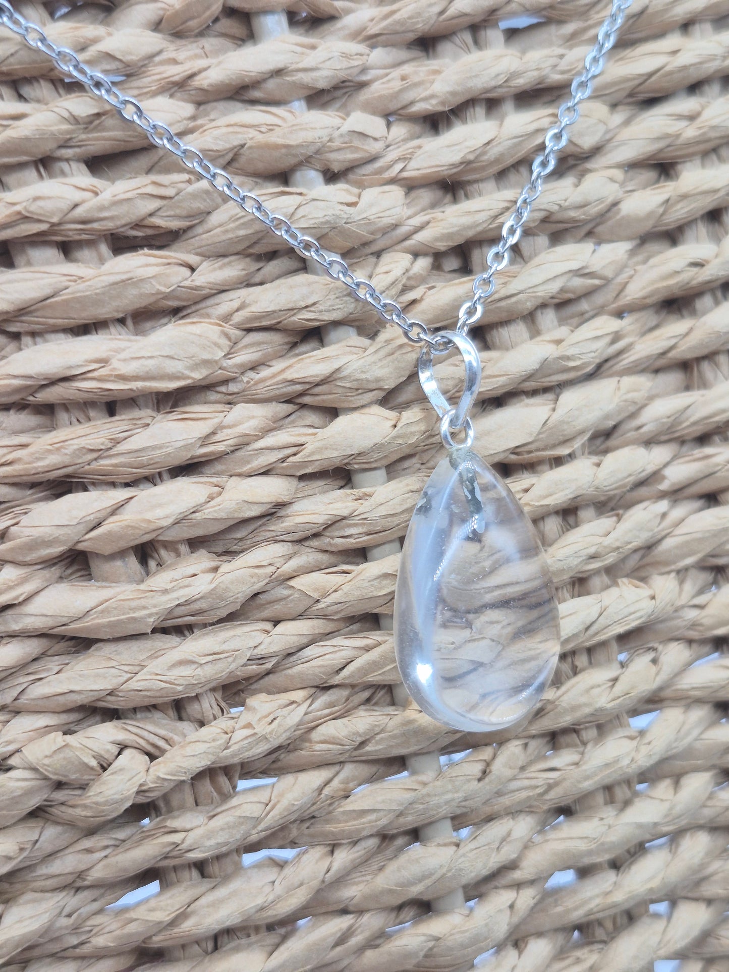 Clear Quartz Necklace Square Shaped Silver Hoop, Stailnless steel Chain, Healing Crystal