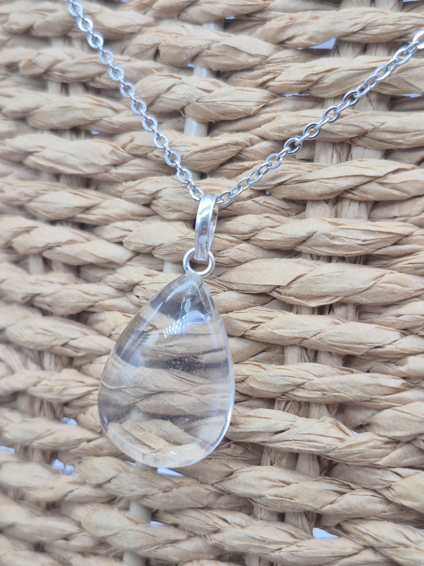 Clear Quartz Necklace Square Shaped Silver Hoop, Stailnless steel Chain, Healing Crystal