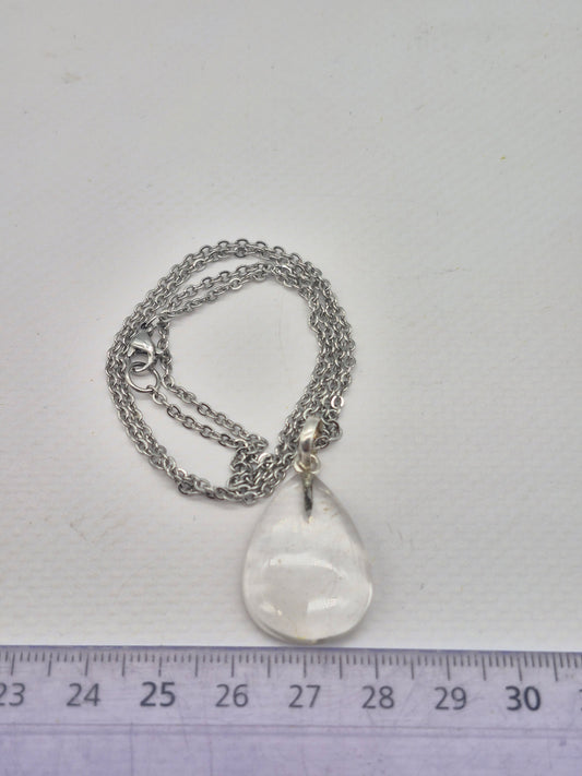 Clear Quartz Necklace Square Shaped Silver Hoop, Stailnless steel Chain, Healing Crystal