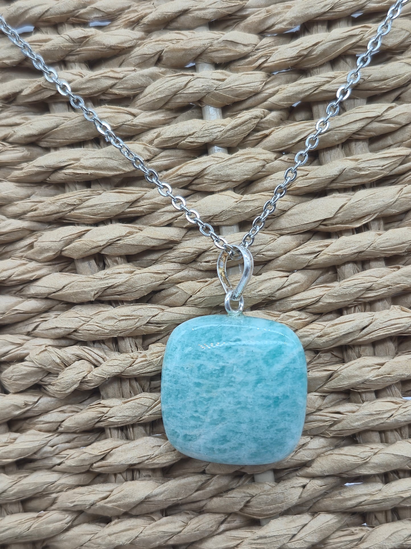 Amazonite Square Crystal Necklace: Minimalist Gemstone Chain pendant with Silver Hoop and Steel Chain
