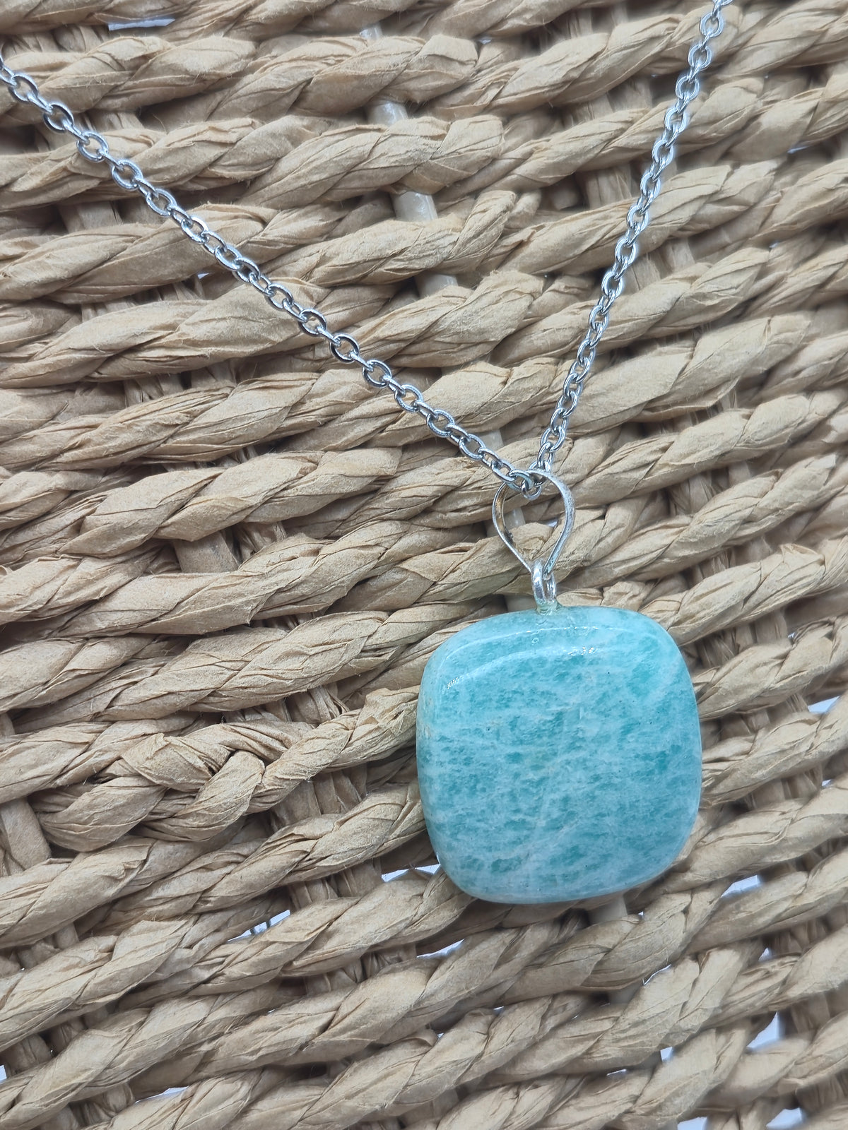 Amazonite Square Crystal Necklace: Minimalist Gemstone Chain pendant with Silver Hoop and Steel Chain