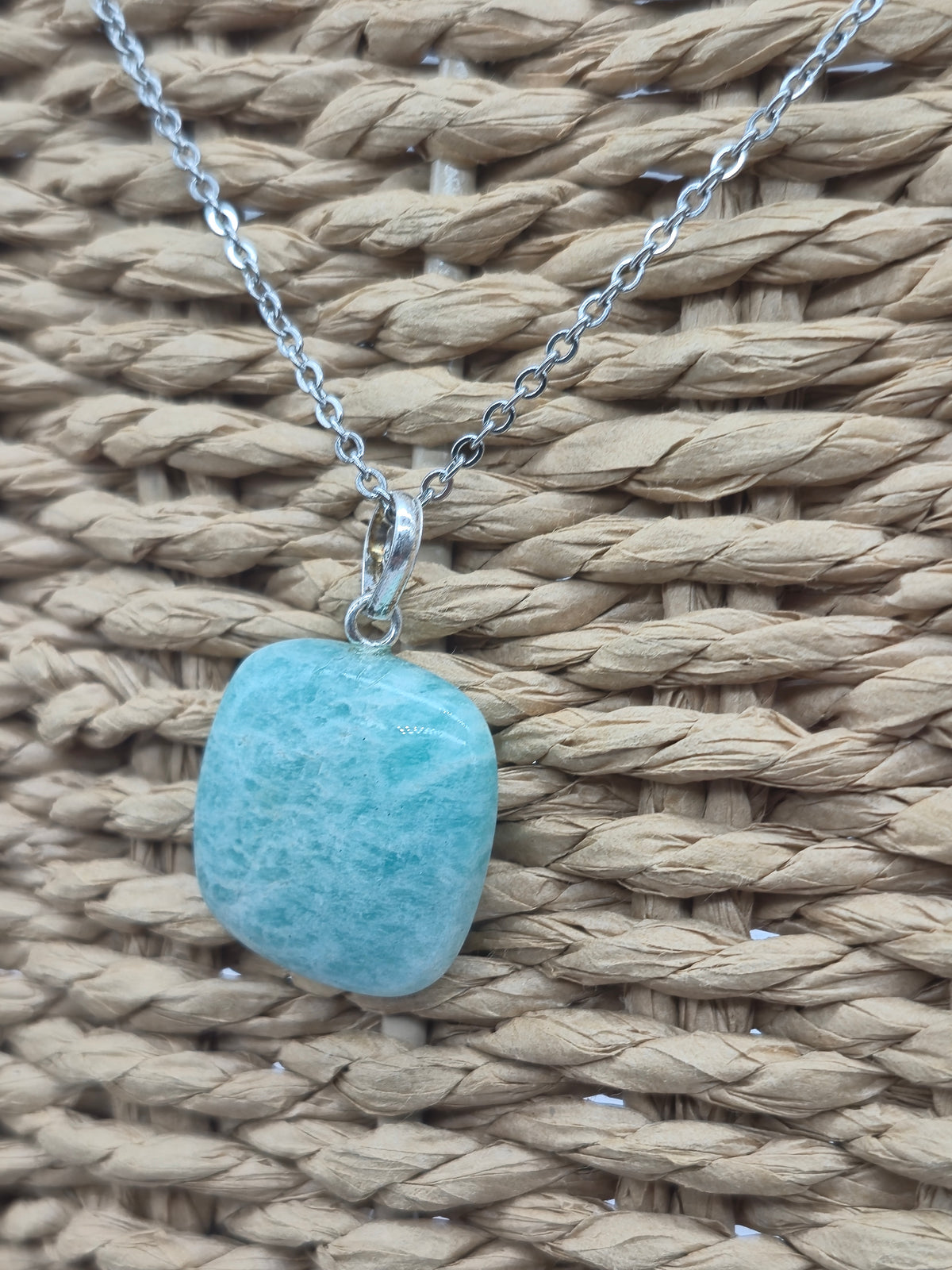 Amazonite Square Crystal Necklace: Minimalist Gemstone Chain pendant with Silver Hoop and Steel Chain