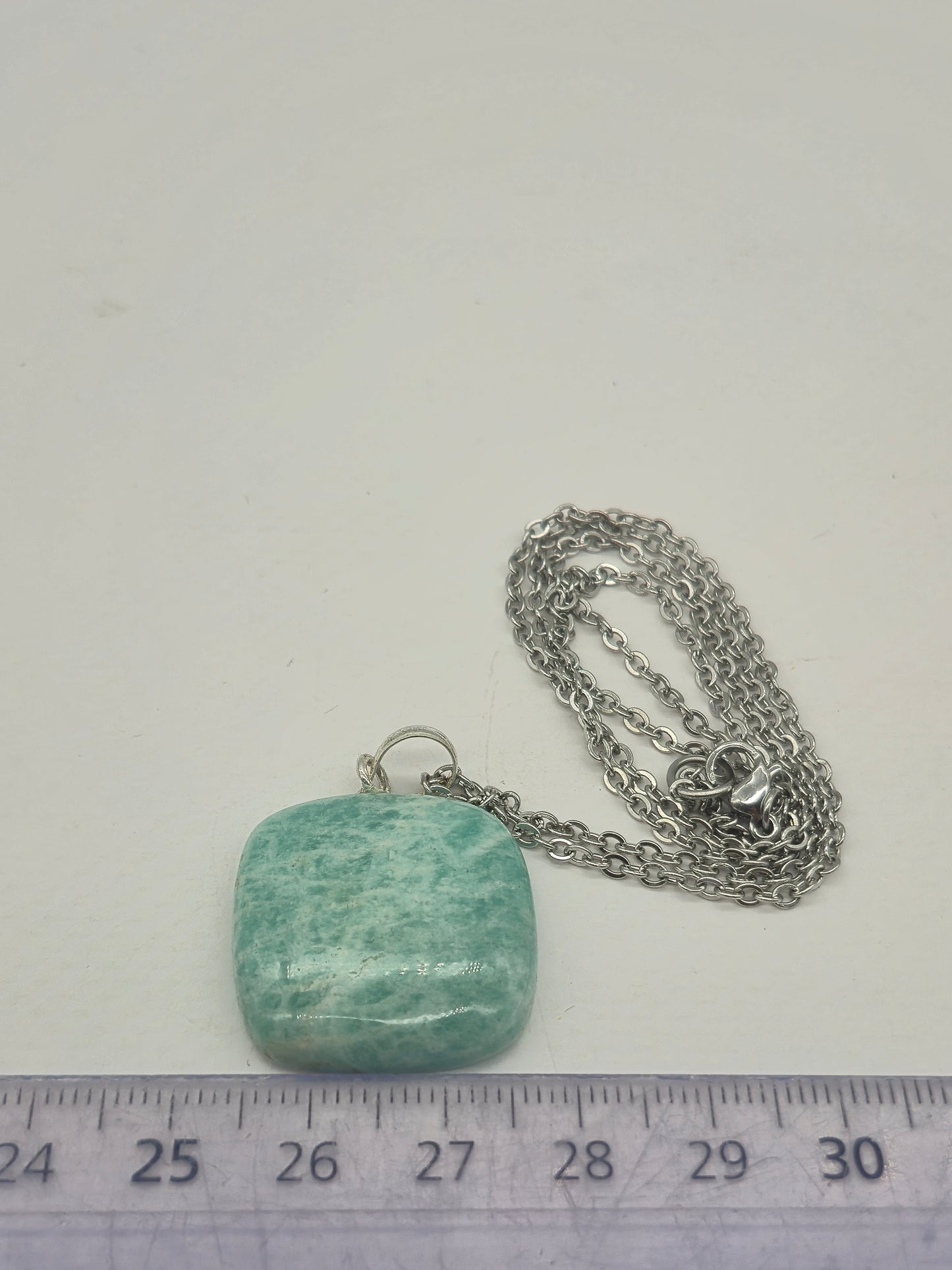 Amazonite Square Crystal Necklace: Minimalist Gemstone Chain pendant with Silver Hoop and Steel Chain