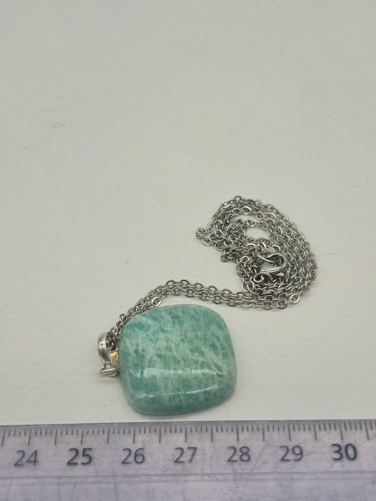 Amazonite Square Crystal Necklace: Minimalist Gemstone Chain pendant with Silver Hoop and Steel Chain