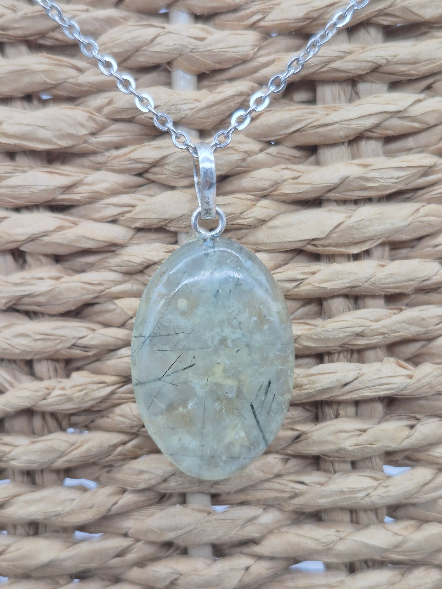 Prehnite Pendant Necklace with Green Tourmaline, Silver Hoop with Steel Chain