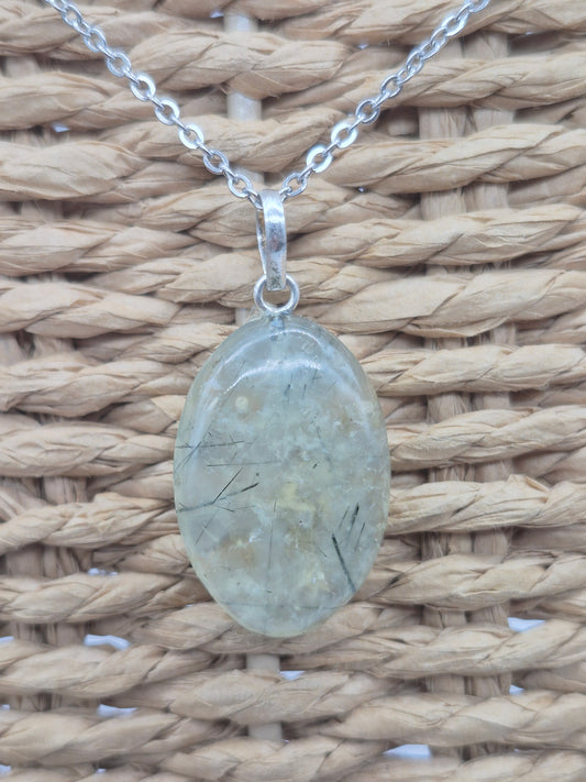 Prehnite Pendant Necklace with Green Tourmaline, Silver Hoop with Steel Chain